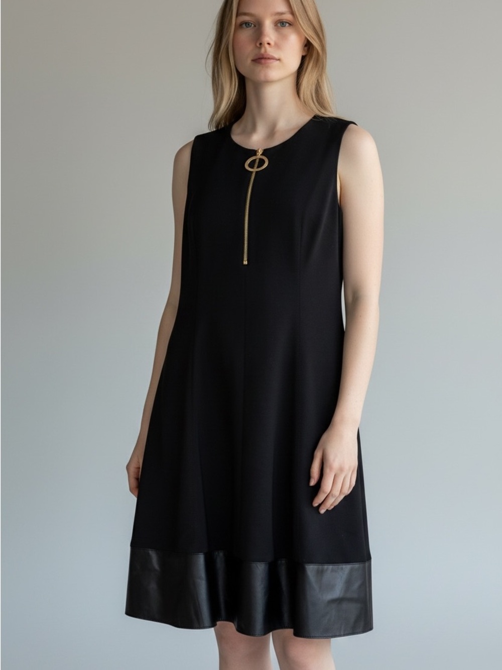 DKNY Sleeveless Fit & Flare Dress Black Faux Leather Hem Size 8 NWT - Picture 3 of 11